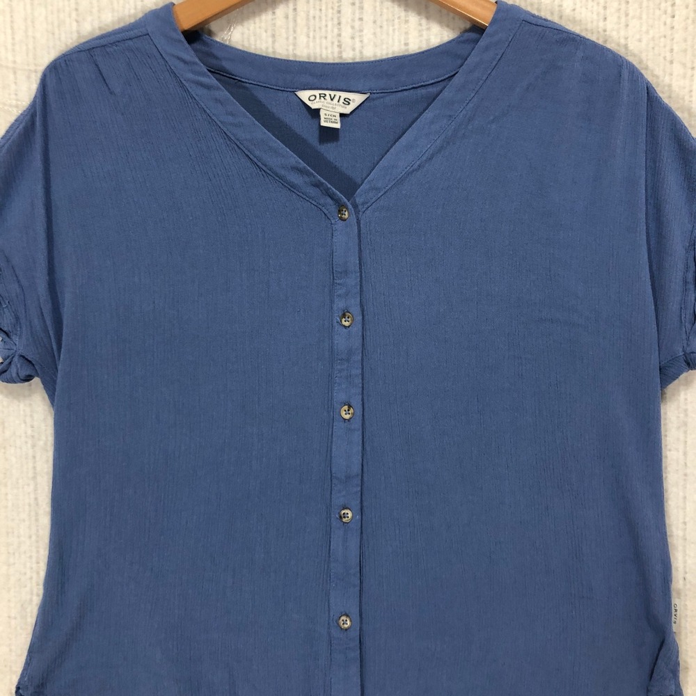 ORVIS Classic Collection Blue Textured V Neck‎ Button Front Short Sleeve Shirt S